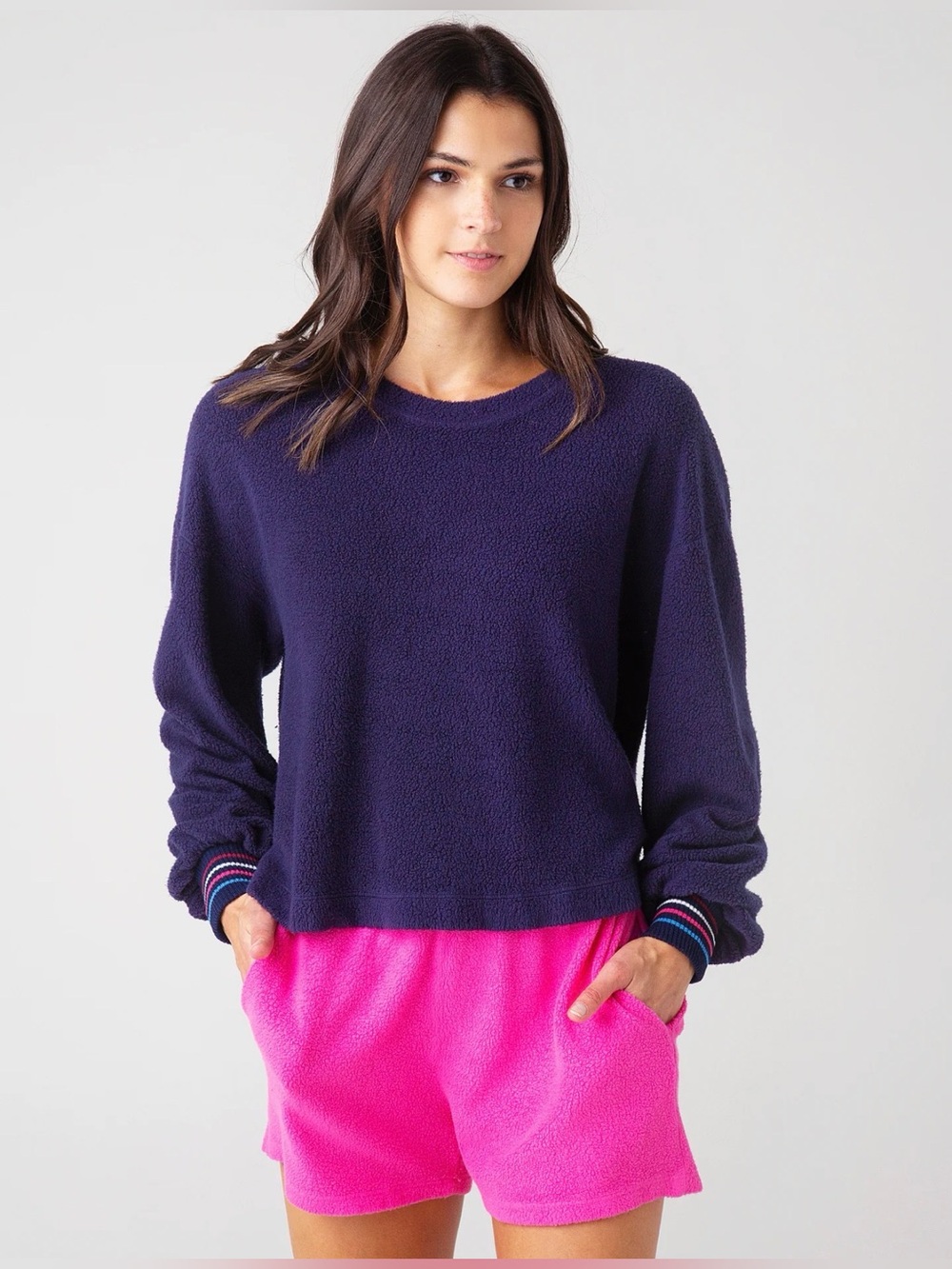 Sundry Stripe Cuff Faux Sherpa Sweatshirt Midnight M